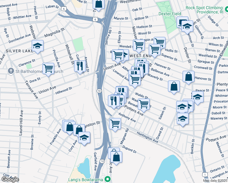 map of restaurants, bars, coffee shops, grocery stores, and more near 135 Sorrento Street in Providence