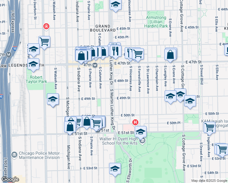 map of restaurants, bars, coffee shops, grocery stores, and more near 4835 South Doctor Martin Luther King Junior Drive in Chicago