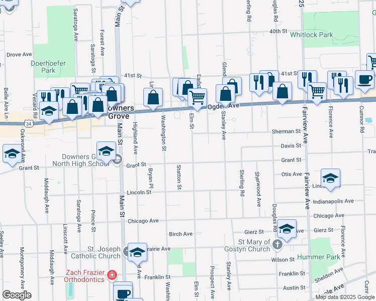 map of restaurants, bars, coffee shops, grocery stores, and more near 4428 Elm Street in Downers Grove