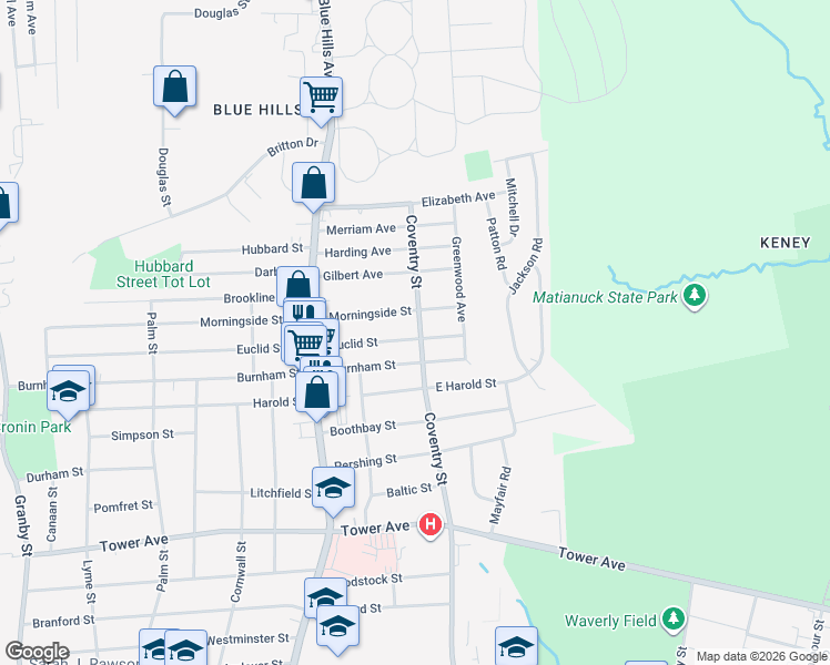 map of restaurants, bars, coffee shops, grocery stores, and more near 308 Coventry Street in Hartford