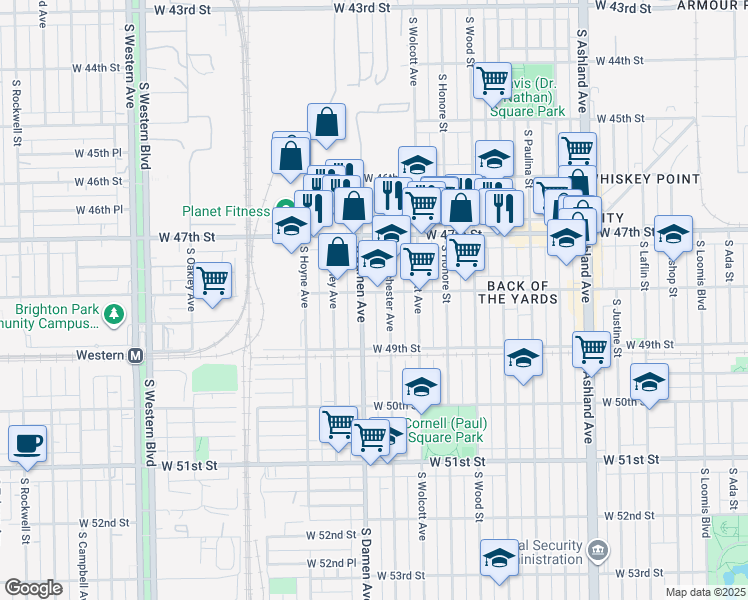 map of restaurants, bars, coffee shops, grocery stores, and more near 4800 South Winchester Avenue in Chicago