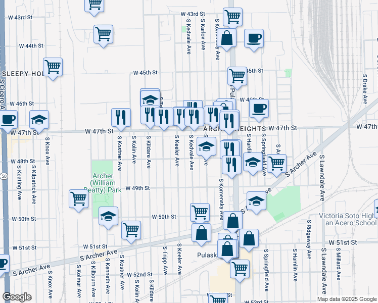 map of restaurants, bars, coffee shops, grocery stores, and more near 4746 South Kedvale Avenue in Chicago