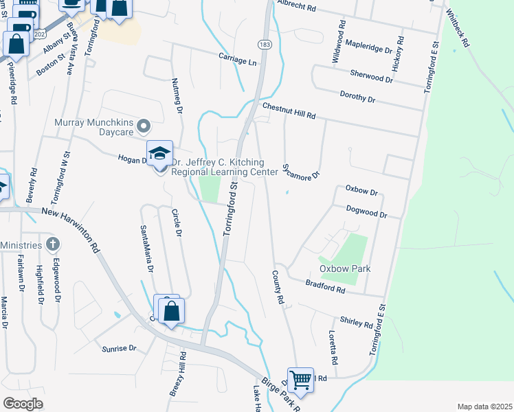 map of restaurants, bars, coffee shops, grocery stores, and more near 89 Belmont Drive in Torrington