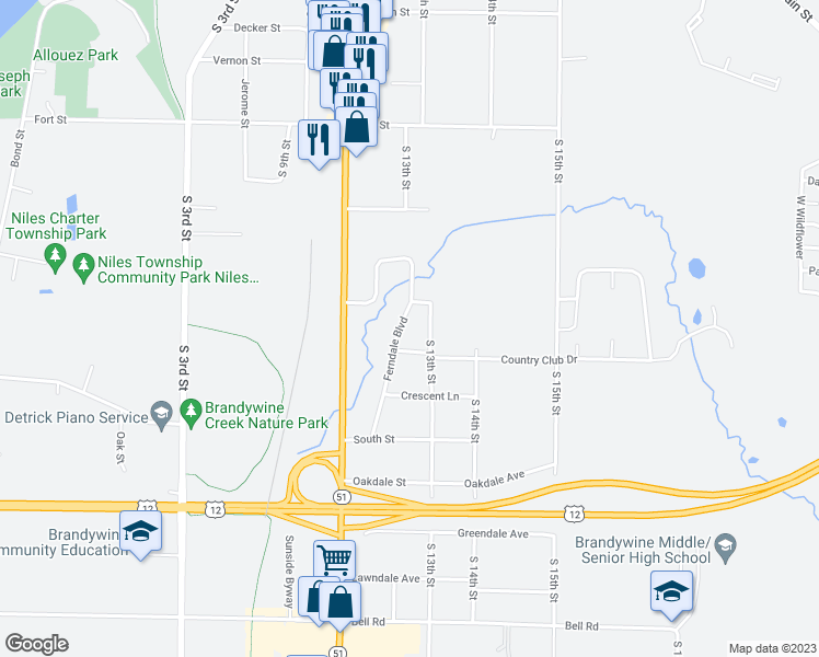 map of restaurants, bars, coffee shops, grocery stores, and more near 1517 Ferndale Boulevard in Niles