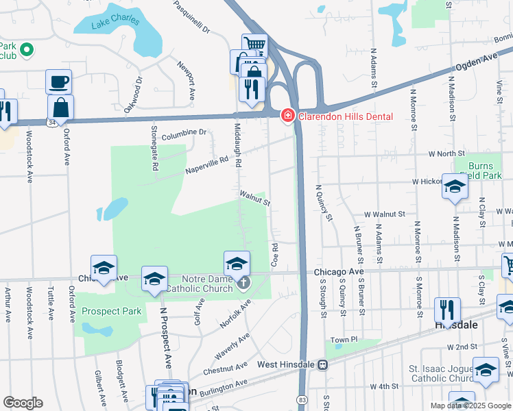 map of restaurants, bars, coffee shops, grocery stores, and more near 103 Walnut Street in Clarendon Hills