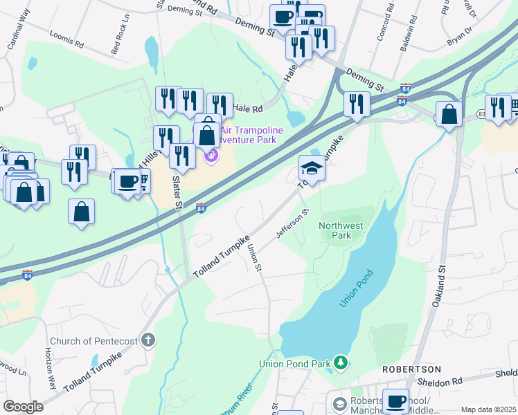 map of restaurants, bars, coffee shops, grocery stores, and more near 22 Lisa Drive in Manchester
