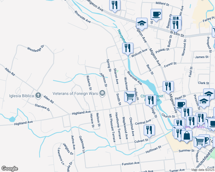 map of restaurants, bars, coffee shops, grocery stores, and more near 119 Johnson Street in Torrington