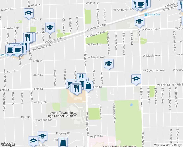 map of restaurants, bars, coffee shops, grocery stores, and more near 400 South Peck Avenue in La Grange