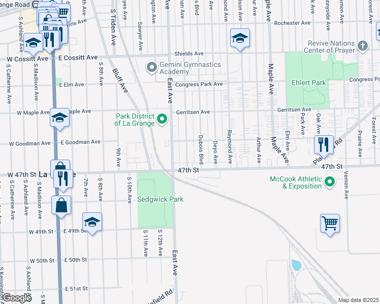 map of restaurants, bars, coffee shops, grocery stores, and more near 4617 Blanchan Avenue in Brookfield