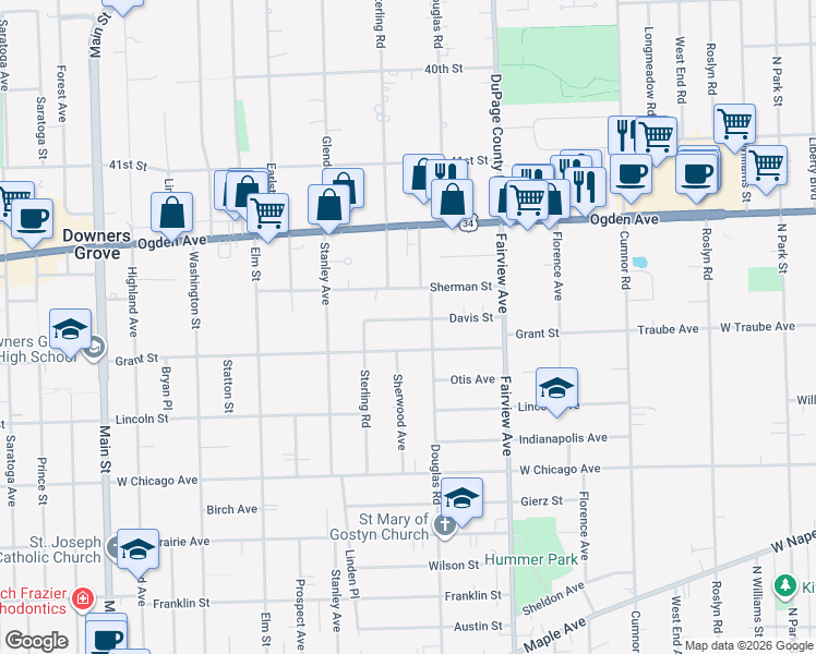 map of restaurants, bars, coffee shops, grocery stores, and more near 517 Davis Street in Downers Grove