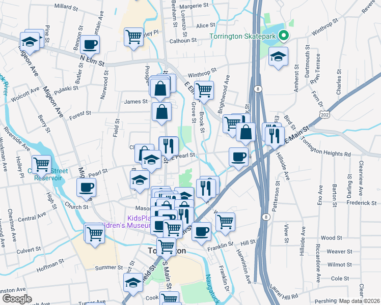 map of restaurants, bars, coffee shops, grocery stores, and more near 71 East Pearl Street in Torrington