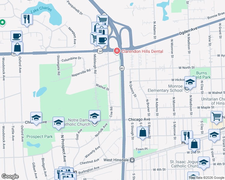 map of restaurants, bars, coffee shops, grocery stores, and more near 241 Coe Road in Clarendon Hills