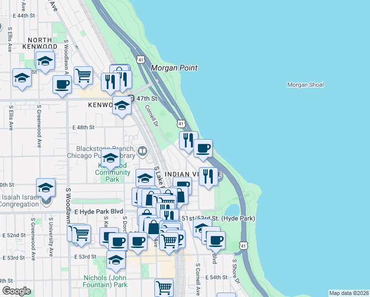 map of restaurants, bars, coffee shops, grocery stores, and more near South Lake Shore Drive in Chicago