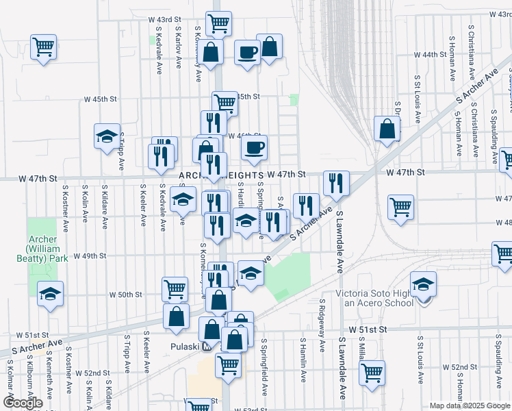 map of restaurants, bars, coffee shops, grocery stores, and more near 4748 South Springfield Avenue in Chicago