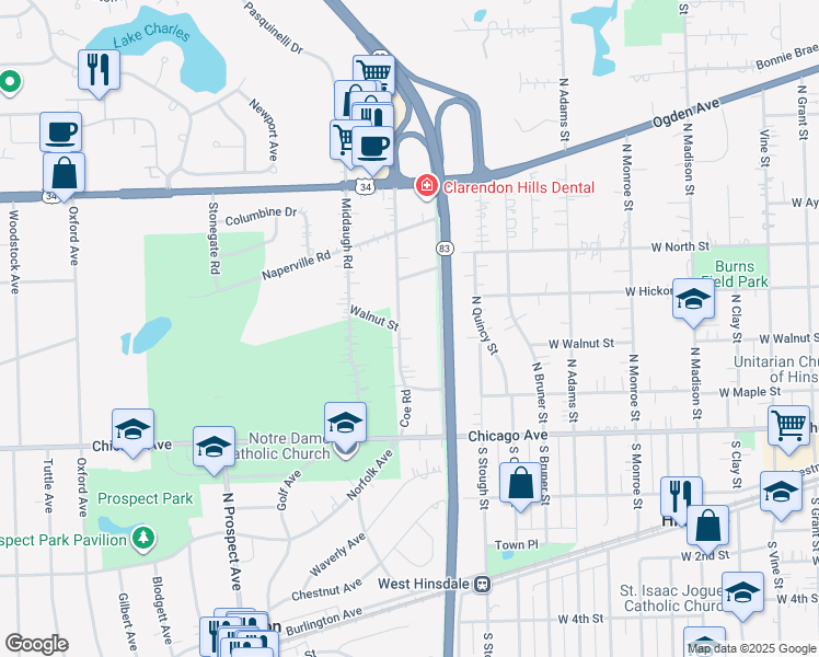 map of restaurants, bars, coffee shops, grocery stores, and more near 241 Coe Road in Clarendon Hills