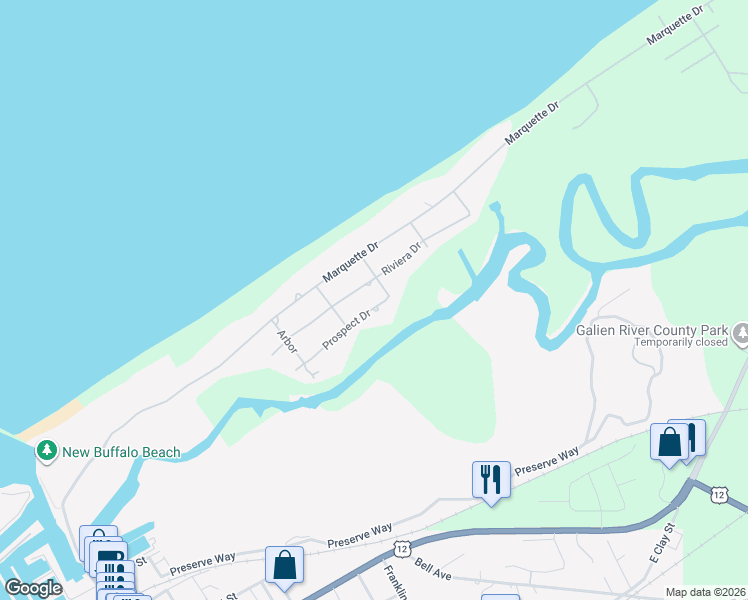 map of restaurants, bars, coffee shops, grocery stores, and more near 11615 Prospect Drive in New Buffalo