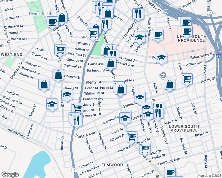 map of restaurants, bars, coffee shops, grocery stores, and more near 16 Peace Street in Providence