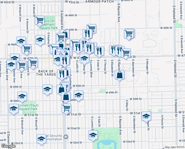 map of restaurants, bars, coffee shops, grocery stores, and more near 4809 South Loomis Street in Chicago