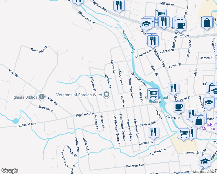 map of restaurants, bars, coffee shops, grocery stores, and more near 119 Johnson Street in Torrington