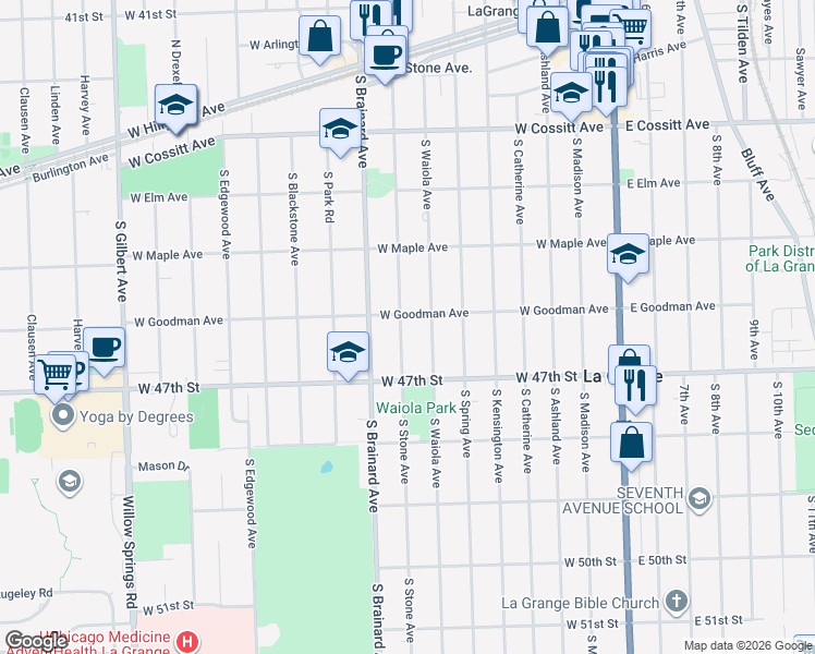 map of restaurants, bars, coffee shops, grocery stores, and more near 411 South Stone Avenue in La Grange