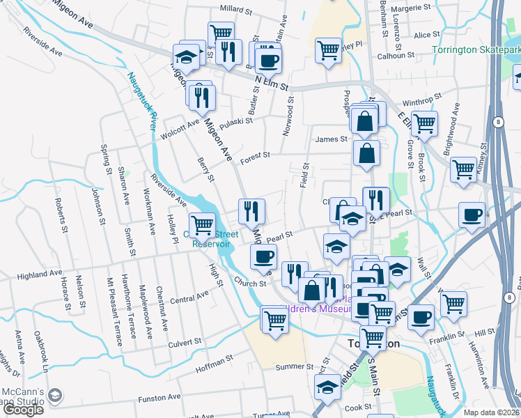map of restaurants, bars, coffee shops, grocery stores, and more near 35 Bancroft Street in Torrington