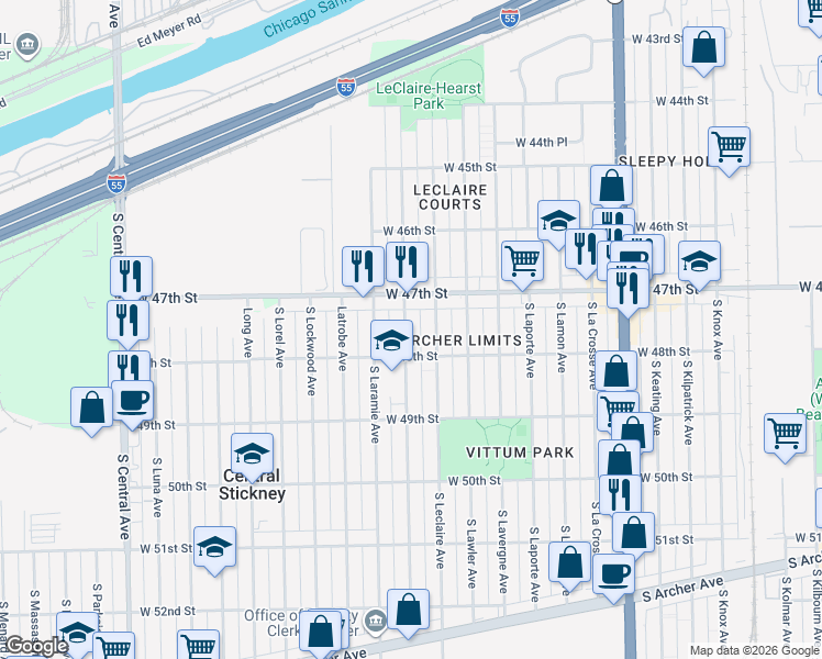 map of restaurants, bars, coffee shops, grocery stores, and more near 4733 South Leamington Avenue in Chicago