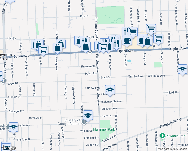 map of restaurants, bars, coffee shops, grocery stores, and more near 409 Davis Street in Downers Grove