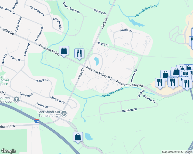 map of restaurants, bars, coffee shops, grocery stores, and more near 22 Amato Drive in South Windsor
