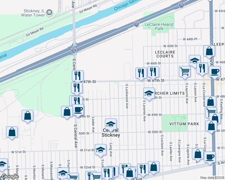map of restaurants, bars, coffee shops, grocery stores, and more near 4735 Long Avenue in Chicago