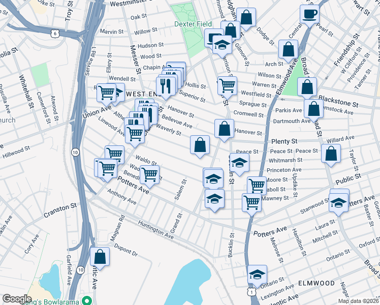 map of restaurants, bars, coffee shops, grocery stores, and more near 58 Althea Street in Providence