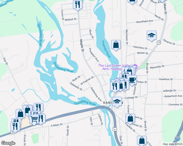 map of restaurants, bars, coffee shops, grocery stores, and more near 130 Maple Street in Killingly