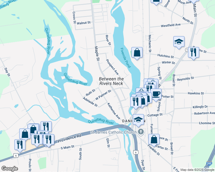 map of restaurants, bars, coffee shops, grocery stores, and more near 146 Katherine Avenue in Killingly