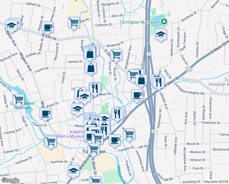 map of restaurants, bars, coffee shops, grocery stores, and more near 15 Grove Street in Torrington