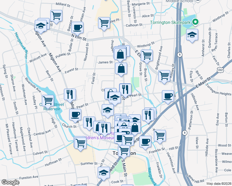 map of restaurants, bars, coffee shops, grocery stores, and more near 444 Prospect Street in Torrington