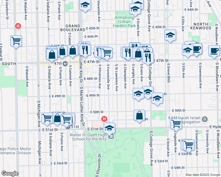 map of restaurants, bars, coffee shops, grocery stores, and more near 4838 South Saint Lawrence Avenue in Chicago