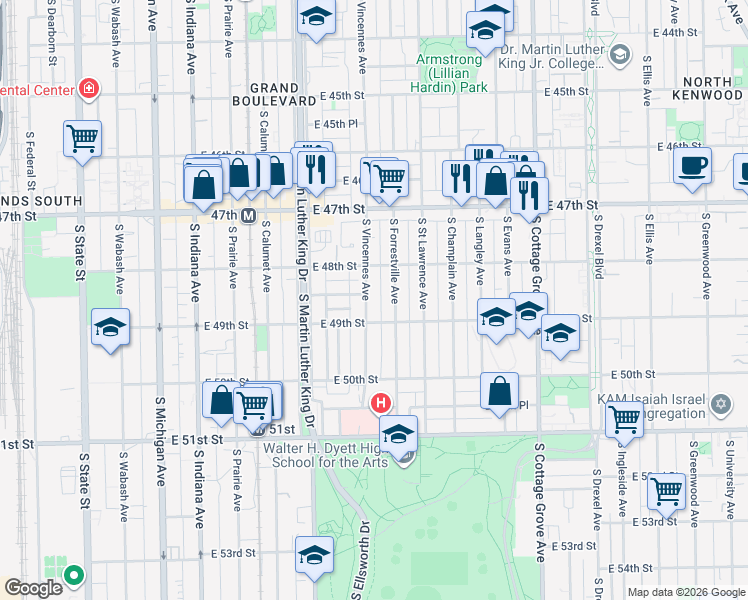 map of restaurants, bars, coffee shops, grocery stores, and more near 4839 South Vincennes Avenue in Chicago