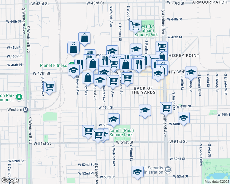 map of restaurants, bars, coffee shops, grocery stores, and more near 4805 South Wolcott Avenue in Chicago