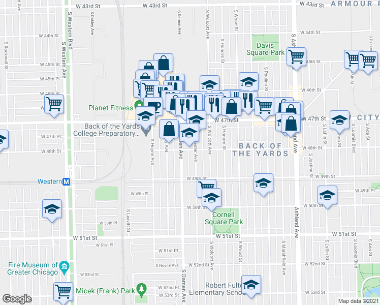 map of restaurants, bars, coffee shops, grocery stores, and more near 4800 South Winchester Avenue in Chicago