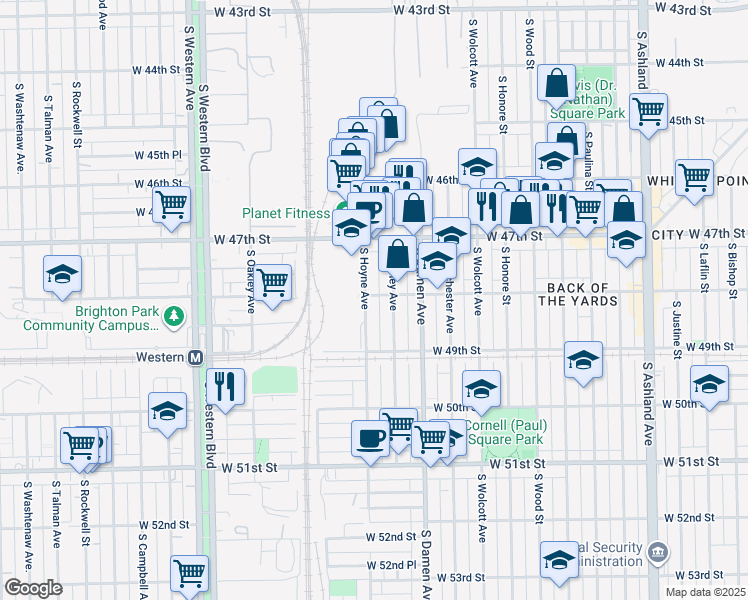 map of restaurants, bars, coffee shops, grocery stores, and more near 4800 South Seeley Avenue in Chicago