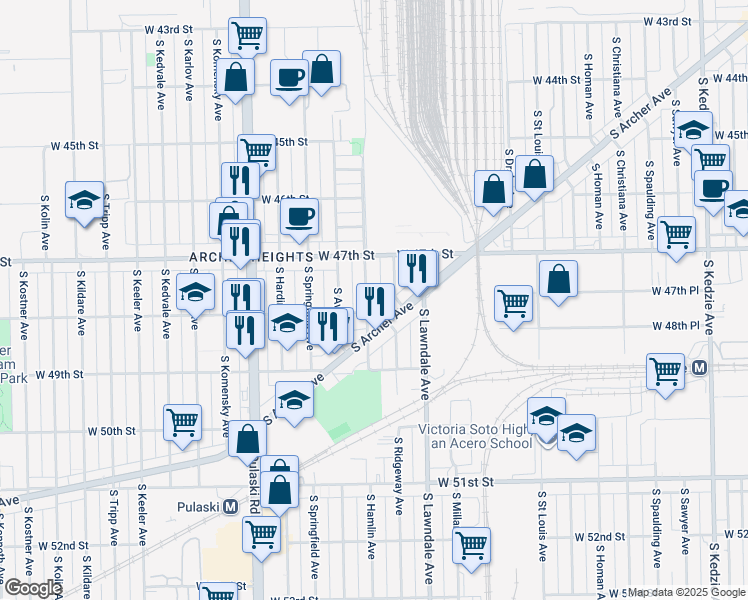 map of restaurants, bars, coffee shops, grocery stores, and more near 4751 South Hamlin Avenue in Chicago