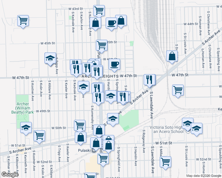 map of restaurants, bars, coffee shops, grocery stores, and more near 4748 South Springfield Avenue in Chicago