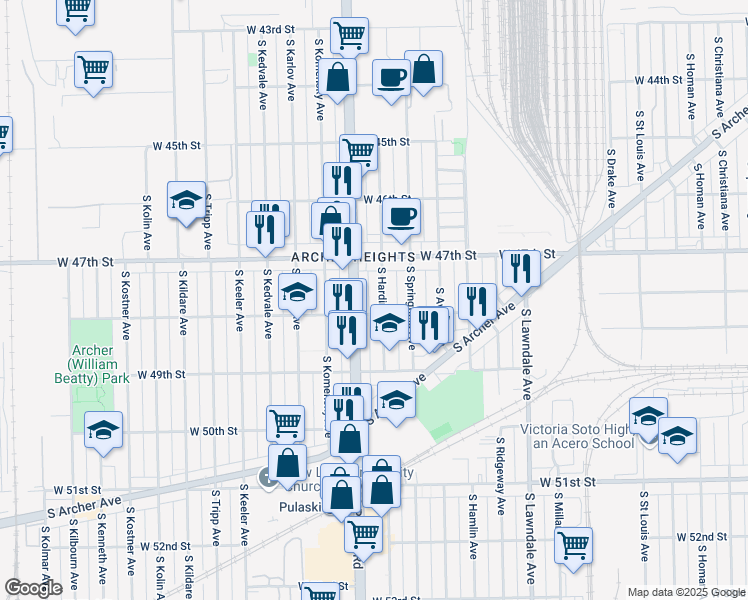map of restaurants, bars, coffee shops, grocery stores, and more near 4745 South Pulaski Road in Chicago