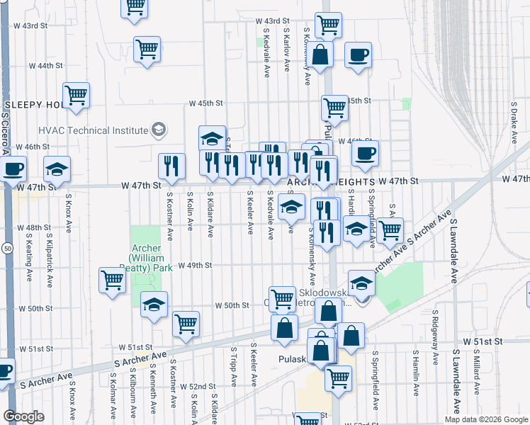 map of restaurants, bars, coffee shops, grocery stores, and more near 4746 South Kedvale Avenue in Chicago