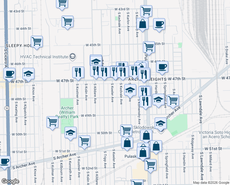map of restaurants, bars, coffee shops, grocery stores, and more near 4746 South Kedvale Avenue in Chicago