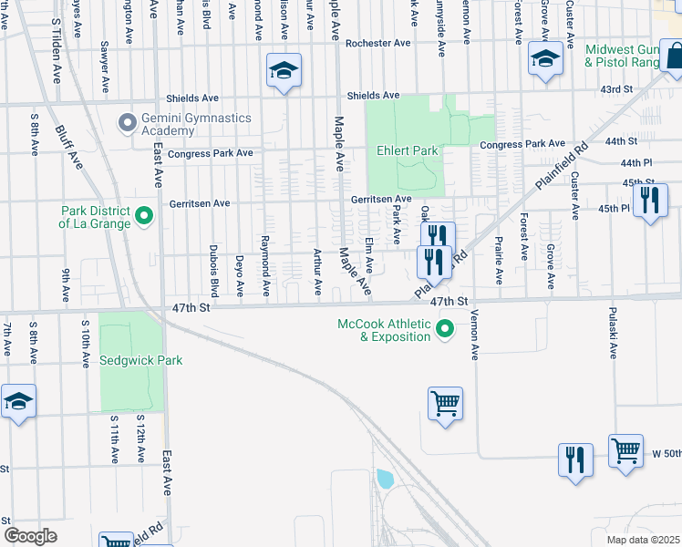 map of restaurants, bars, coffee shops, grocery stores, and more near 4616 Maple Avenue in Brookfield