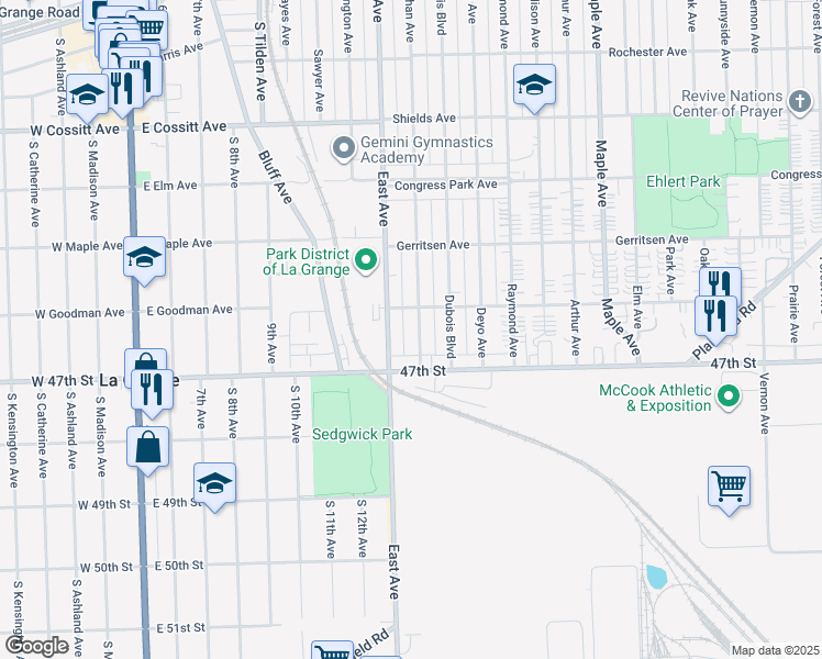 map of restaurants, bars, coffee shops, grocery stores, and more near 4617 Blanchan Avenue in Brookfield