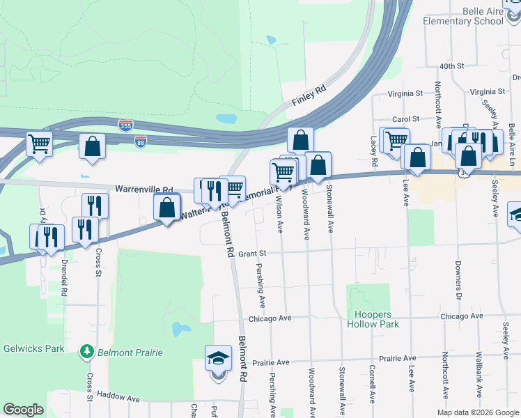 map of restaurants, bars, coffee shops, grocery stores, and more near 4401 Pershing Avenue in Downers Grove