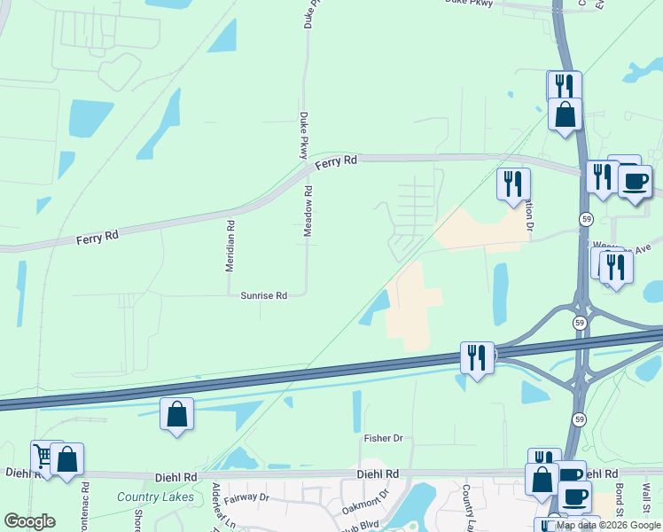 map of restaurants, bars, coffee shops, grocery stores, and more near 4S341 Meadow Road in Naperville