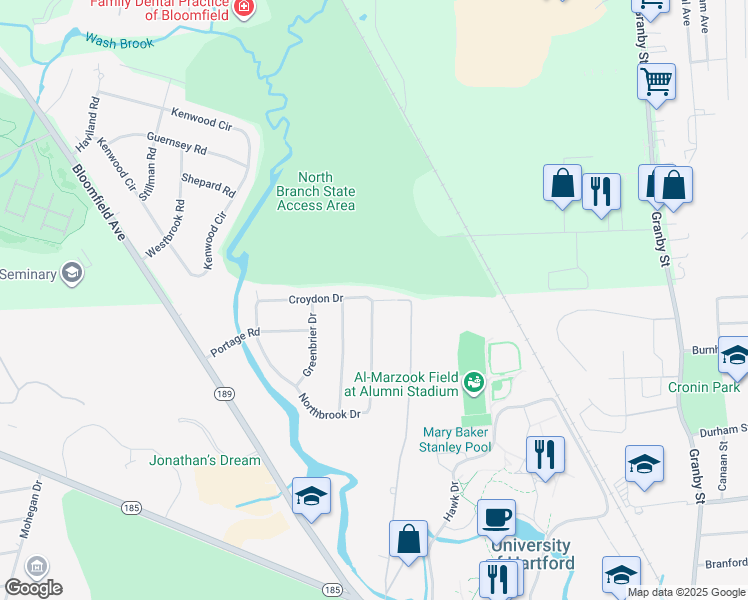 map of restaurants, bars, coffee shops, grocery stores, and more near 58 Croydon Drive in West Hartford