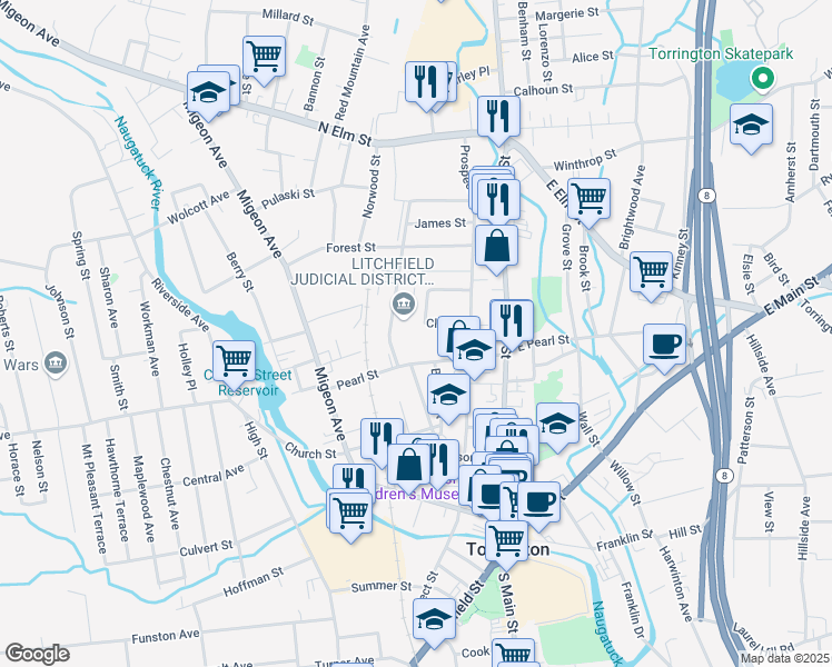map of restaurants, bars, coffee shops, grocery stores, and more near 50 Field Street in Torrington